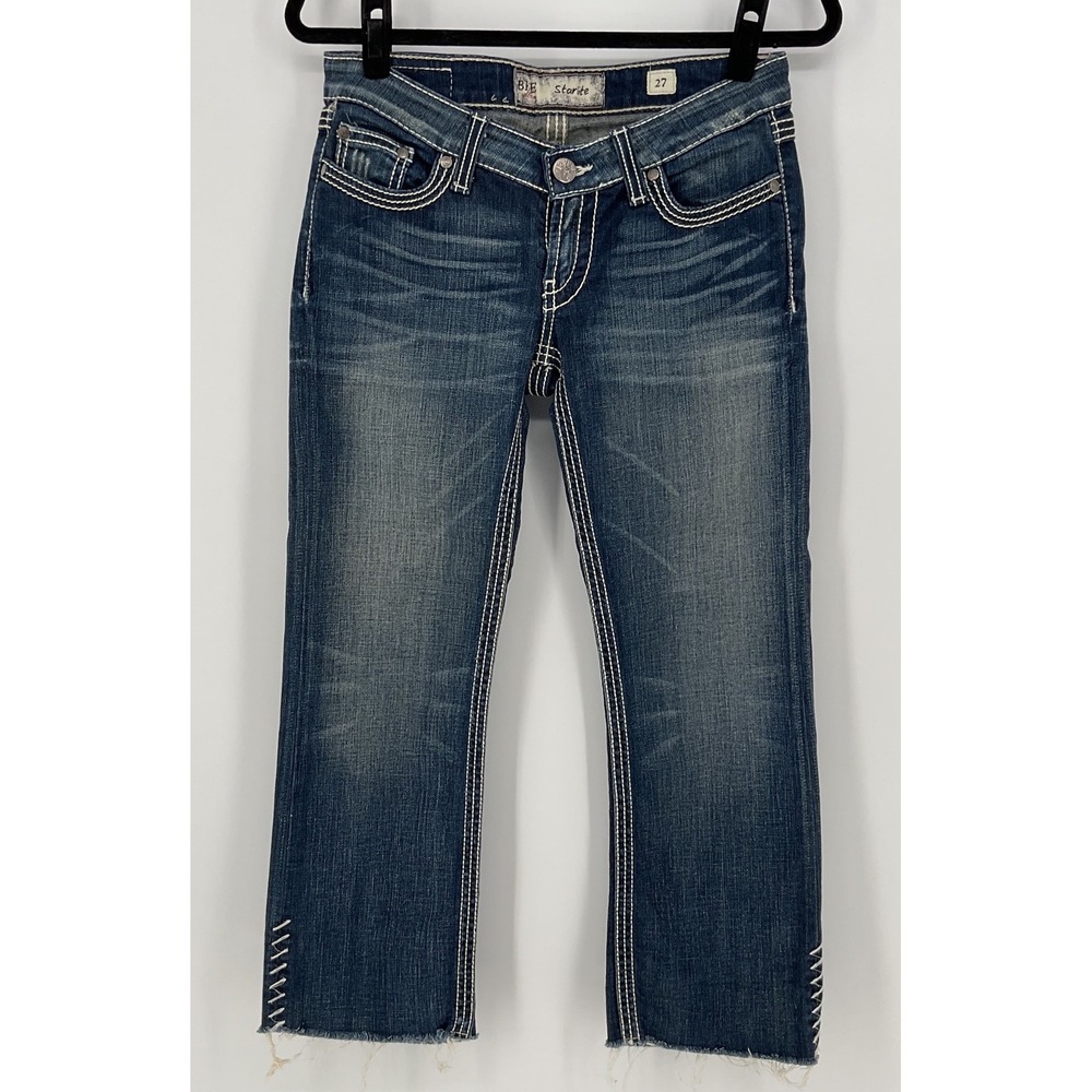 BKE Starlite Straight Leg Crop Jeans 27 Med Wash Stitch Raw Hem Low Rise Denim